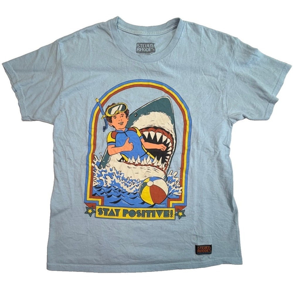 Steven Rhodes Stay Positive Shark T-Shirt Large Blue Graphic Tee Humor 2024 Jaws